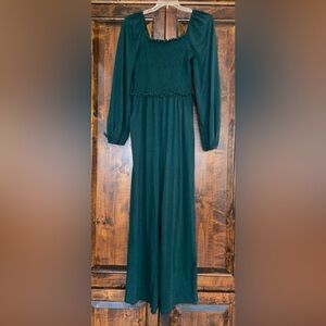 Tanou Women's Green Long Sleeve One Piece Smocked  Jumpsuit - Size: Small